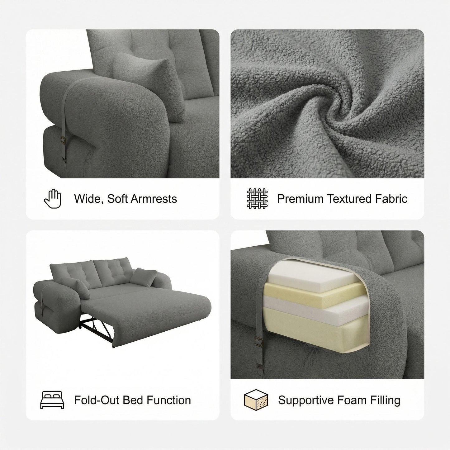 FurnitureR Human Dog Bed, Multi-Functional Foldable Sofa Bed, Teddy Fabric, Foam-Filled, 3-in-1 Convertible Couch, 78.7" Grey, 2-Seater, Includes 4 Pillows