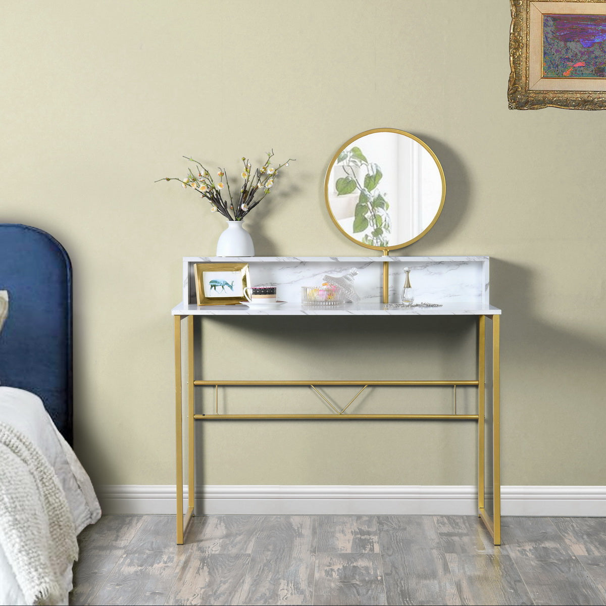 FurnitureR Marble Top Vanity Desk with Round Mirror, Gold Metal Frame