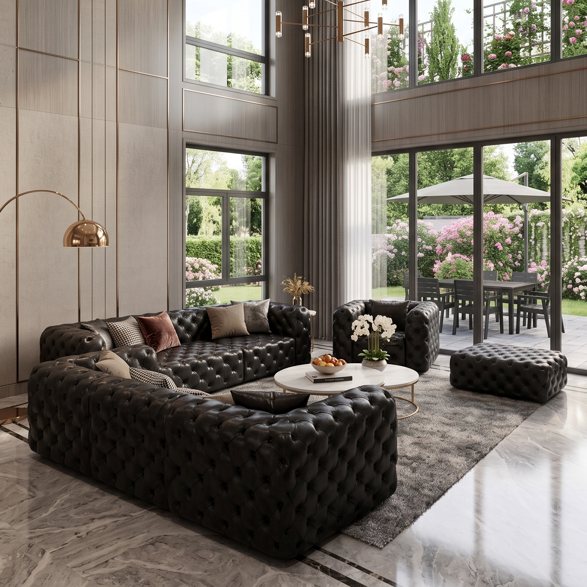Coordinated living room furniture set with black tufted sofas, armchairs and coffee tables