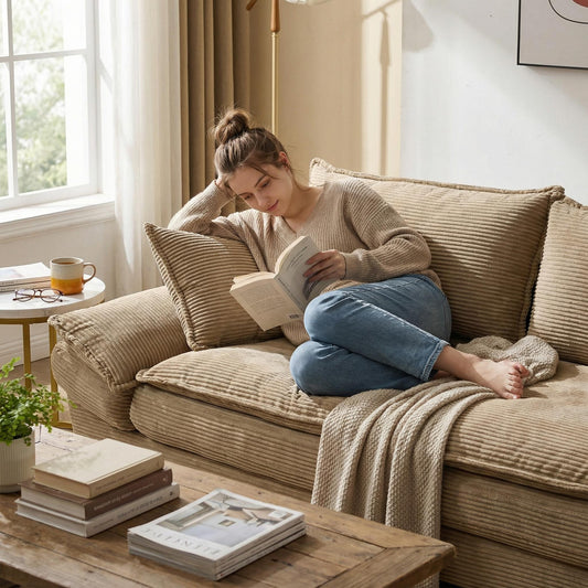 FurnitureR Corduroy Sofa Sleeper Couch Loveseat – Khaki, Deep Seat, Upholstered, Includes Pillows, 2-Seater for Living Room, Bedroom, Apartment, Office