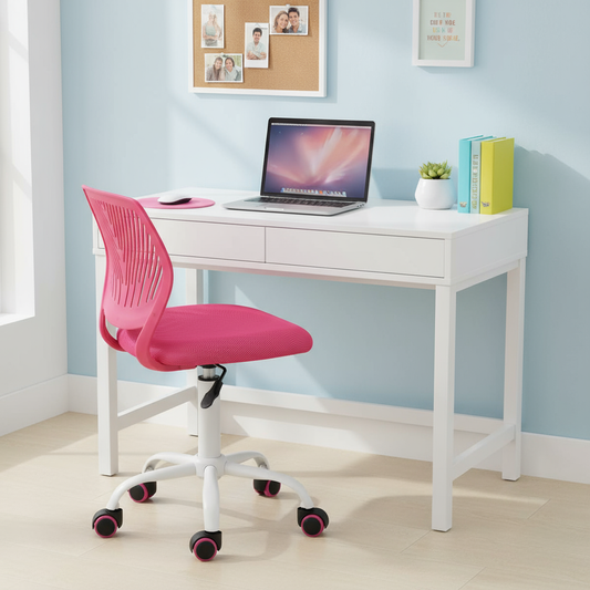 FurnitureR Study Desk Chair Armless Cute, Ergonomic Small Swivel Adjustable Rolling Lightweight Task Chair with Wheels Hot Pink