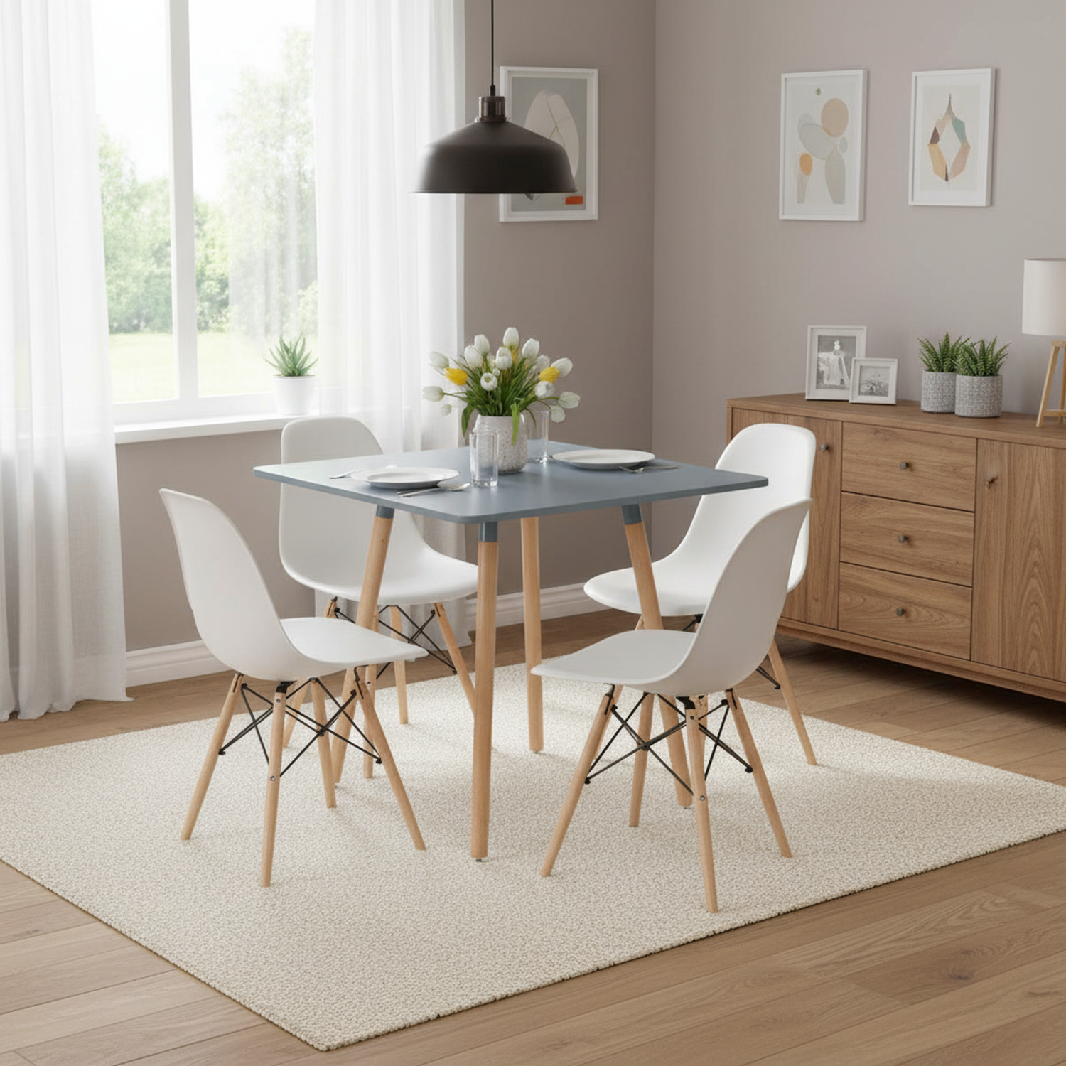 FurnitureR 31.5 Inch Square Dining Table, Modern Mid-Century Dining Table with Wooden Legs, Small Kitchen Table for 2-4 People, Grey & Natural Wood