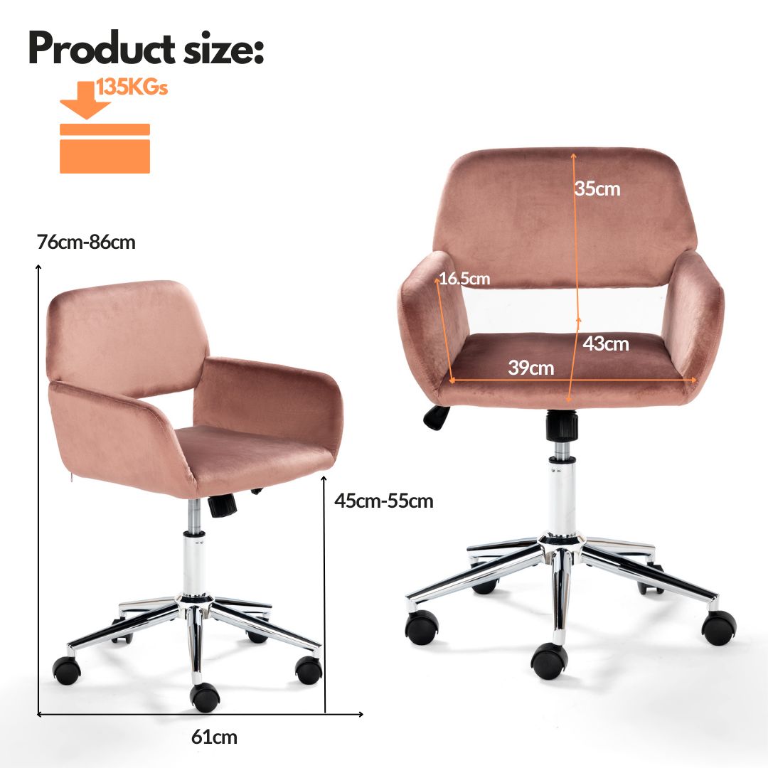 FurnitureR - Silla de oficina para el hogar, silla de escritorio de terciopelo con respaldo medio y ruedas giratorias, silla de trabajo ajustable para sala de estar, dormitorio, estudio, rosa
