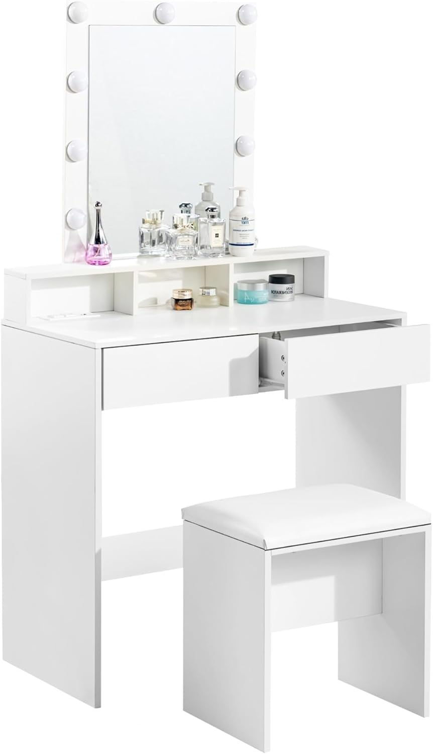 Mueble tocador FurnitureR, tocador con espejo y luces, juego de mesa de maquillaje y taburete, tocador de madera con 2 cajones, blanco
