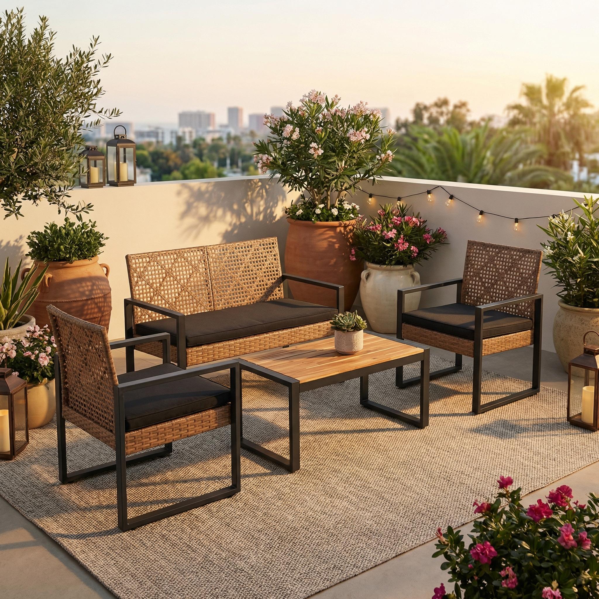 FurnitureR 4-Piece Outdoor Patio Furniture Set, Acacia Wood & PE Rattan, Modern Black & Light Brown, Balcony/Garden/Lawn/Porch, Removable Cushions