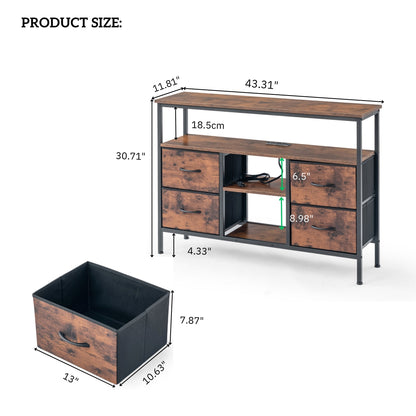 Console Tables with USB and Charging Station, 43.31 Inch Entryway Table with 4 Fabric Drawers, Sofa Table Narrow with Storage Shelves Brown