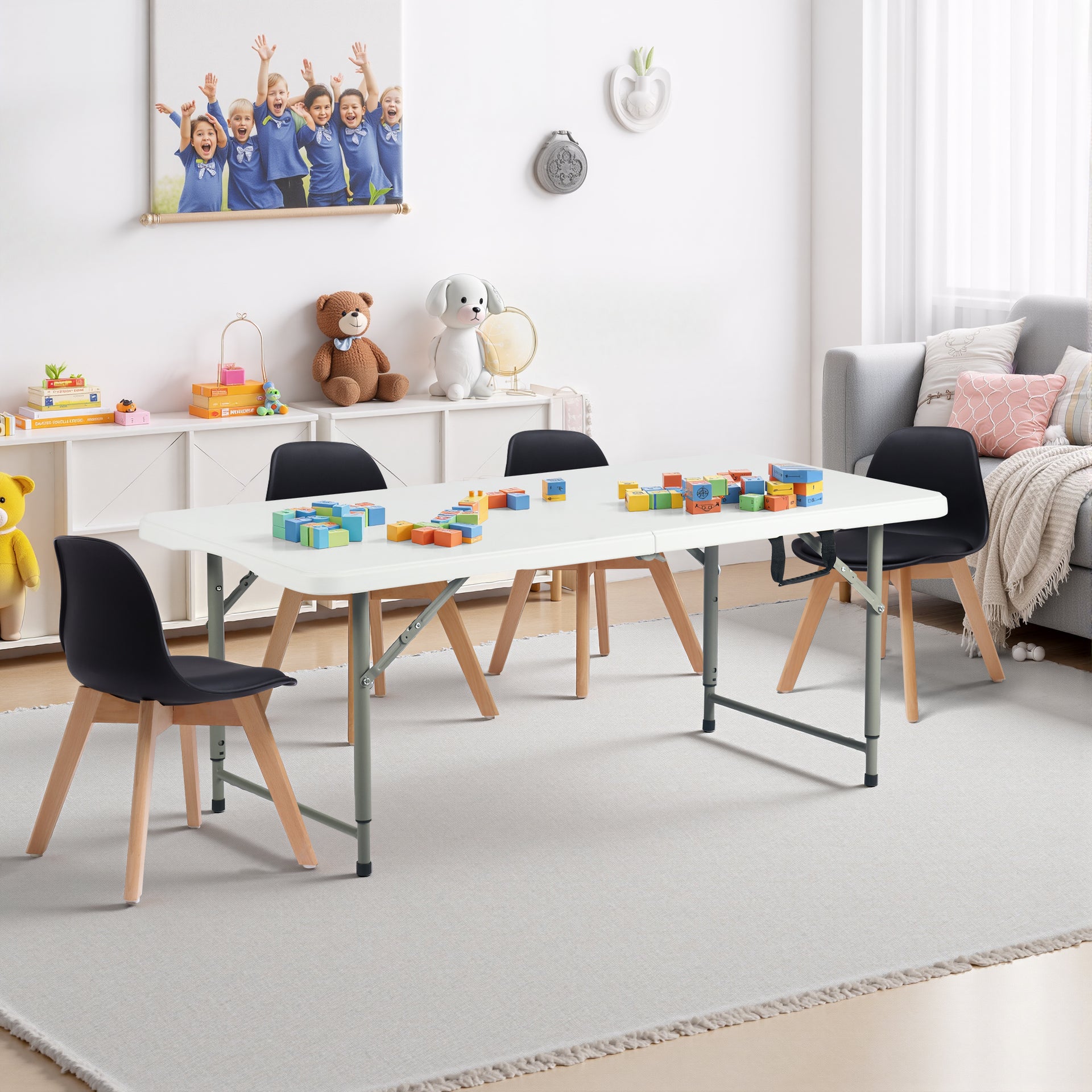 FurnitureR 4-Foot Adjustable Height Folding Table, Portable Plastic Utility Table with Metal Legs for Indoor Outdoor Events, White