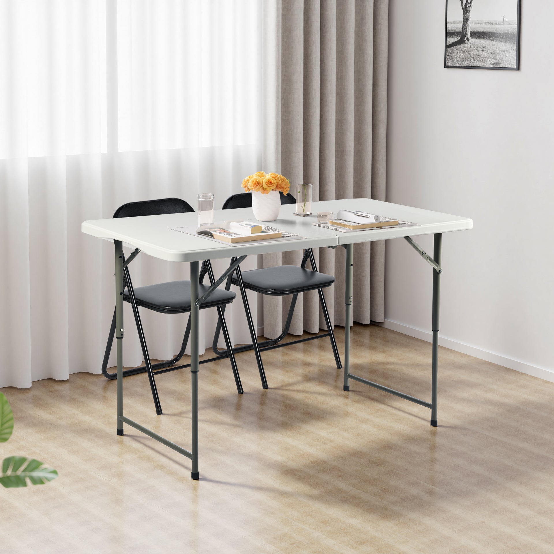 FurnitureR 4-Foot Adjustable Height Folding Table, Portable Plastic Utility Table with Metal Legs for Indoor Outdoor Events, White