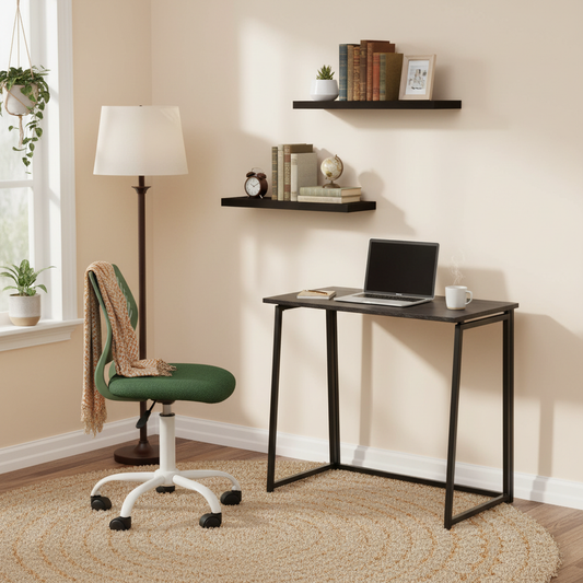FurnitureR 3-Piece Folding Desk Set with Adjustable Swivel Chair and 2 Floating Wall Shelves, Space-Saving Study & Workstation Combo, Modern Design