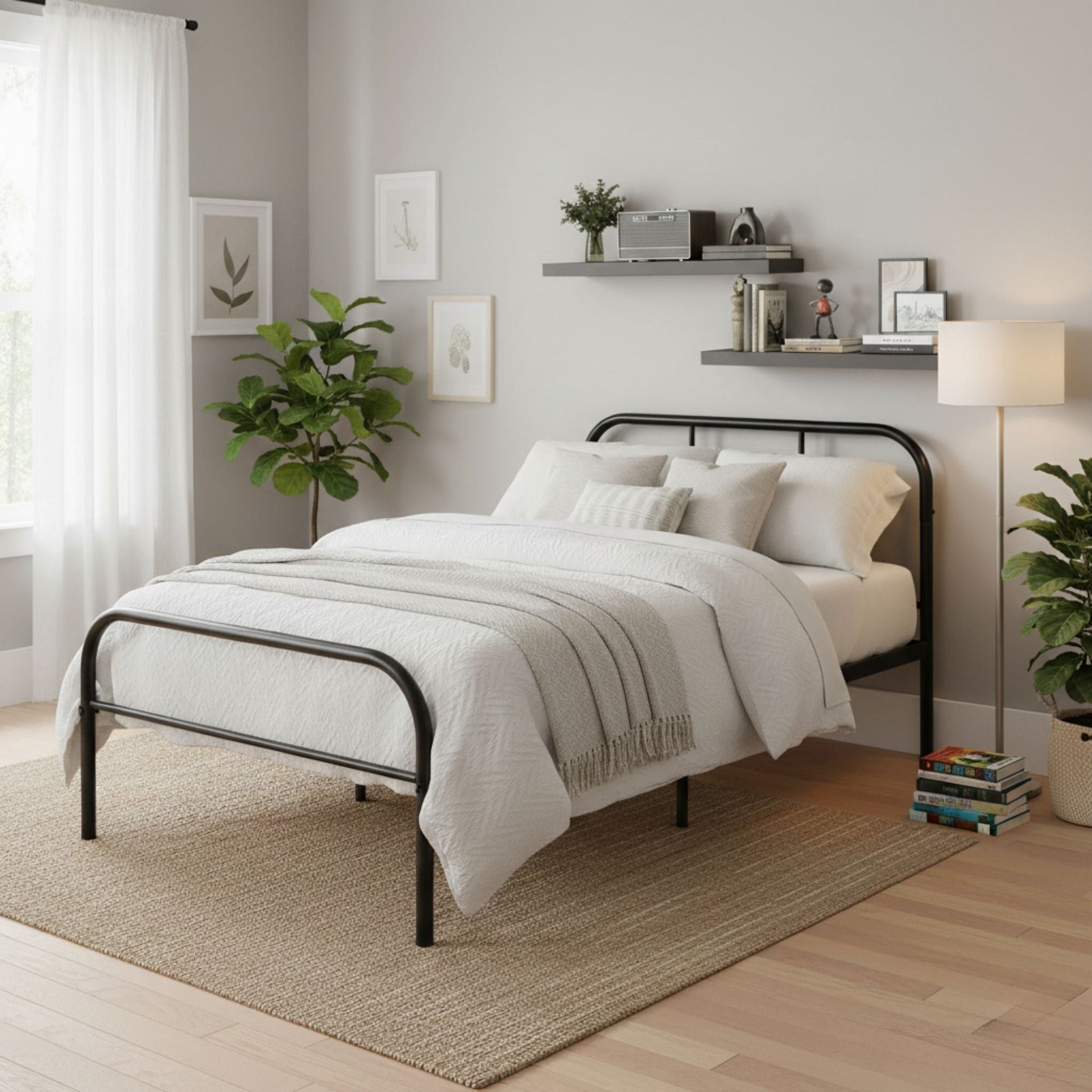 Estructura de cama individual de metal FurnitureR con 2 mesitas de noche flotantes, plataforma de cama de acero resistente con almacenamiento debajo de la cama, juego de dormitorio minimalista