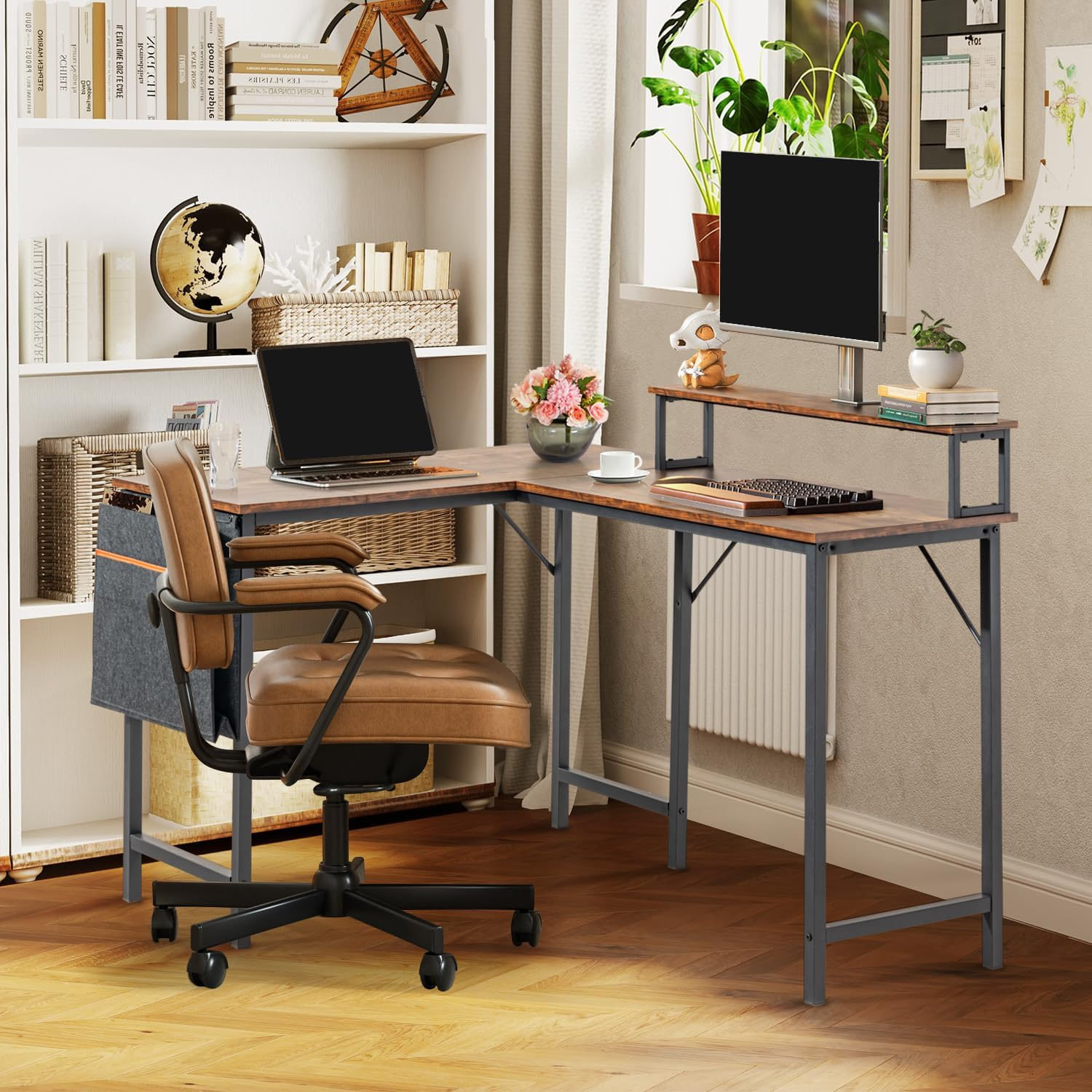 FurnitureR Escritorio esquinero para ordenador en forma de L reversible, con bolsa de almacenamiento, escritorio para oficina en casa, mesa de escritura en L de 123,9 cm con estante, marrón