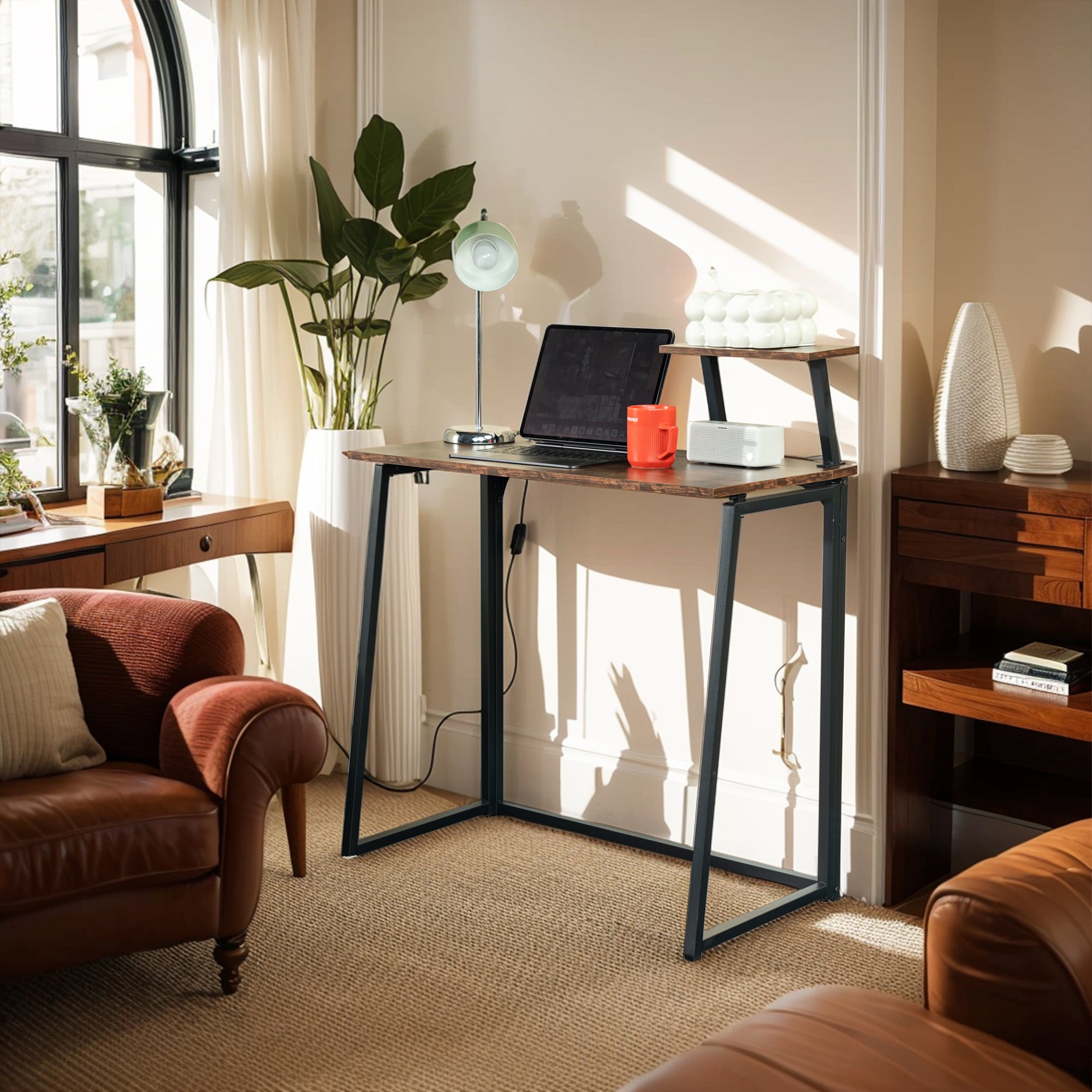 Folding Desk 31.5 Inch, Simple Compact Writing Study Table with Removable Monitor Stand, Portable Standing Desk Work Station Brown