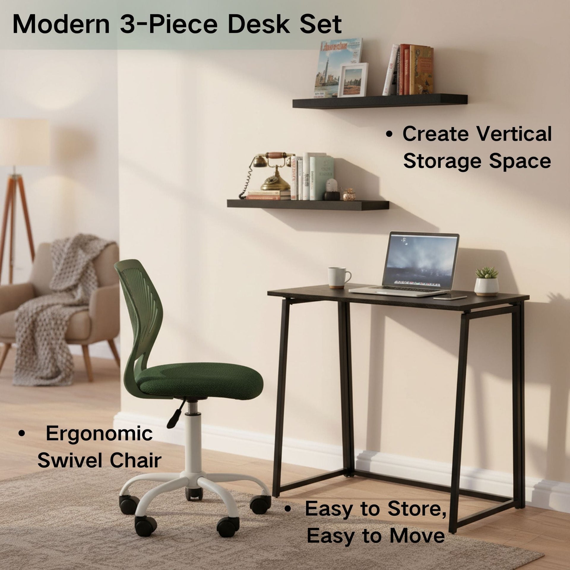 FurnitureR 3-Piece Folding Desk Set with Adjustable Swivel Chair and 2 Floating Wall Shelves, Space-Saving Study & Workstation Combo, Modern Design