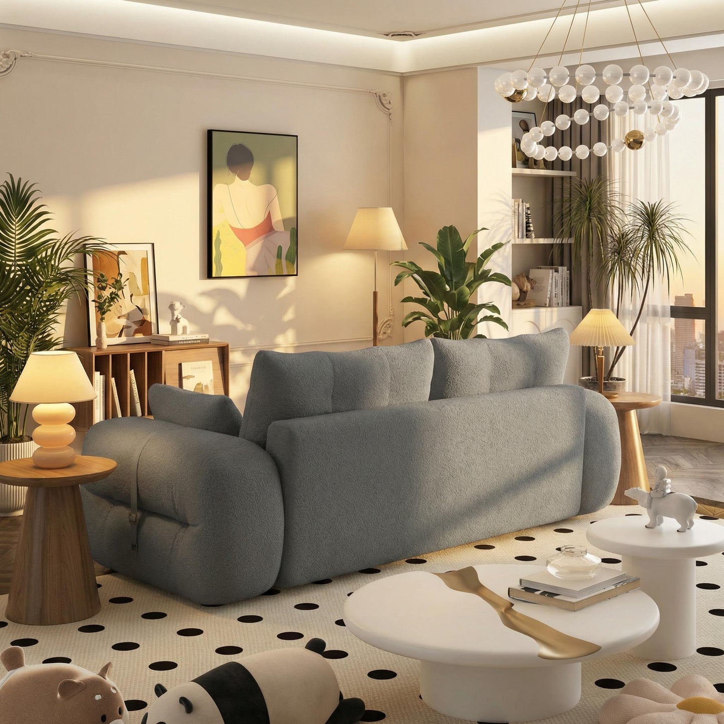 FurnitureR Human Dog Bed, Multi-Functional Foldable Sofa Bed, Teddy Fabric, Foam-Filled, 3-in-1 Convertible Couch, 78.7" Grey, 2-Seater, Includes 4 Pillows