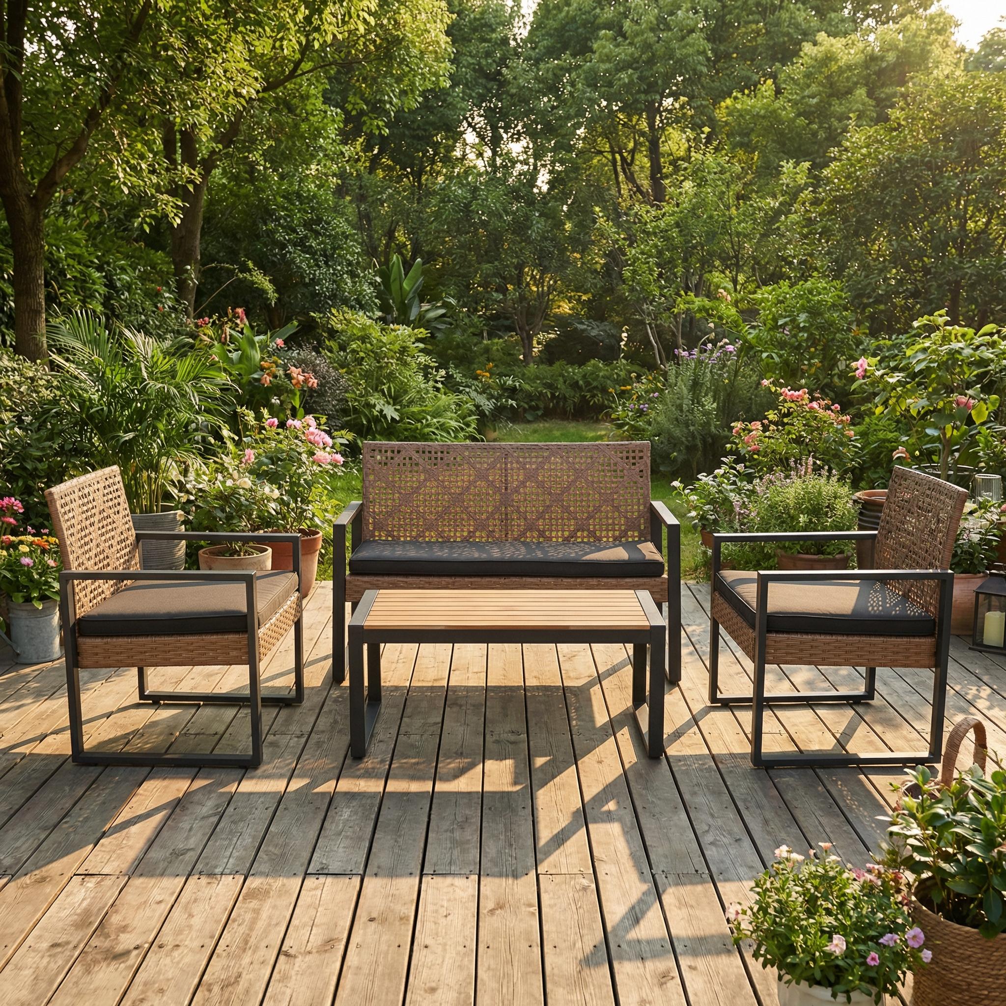 FurnitureR 4-Piece Outdoor Patio Furniture Set, Acacia Wood & PE Rattan, Modern Black & Light Brown, Balcony/Garden/Lawn/Porch, Removable Cushions