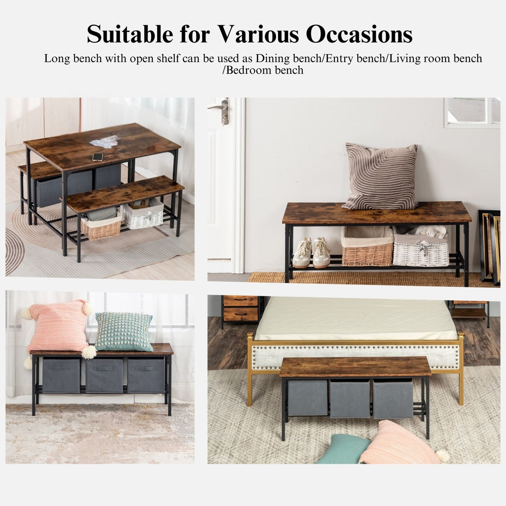 FurnitureR 3-Piece Dining Table Set for 4, Farmhouse Kitchen Table with 2 Benches and Storage Shelf, Breakfast Nook Table and Bench Set, Brown