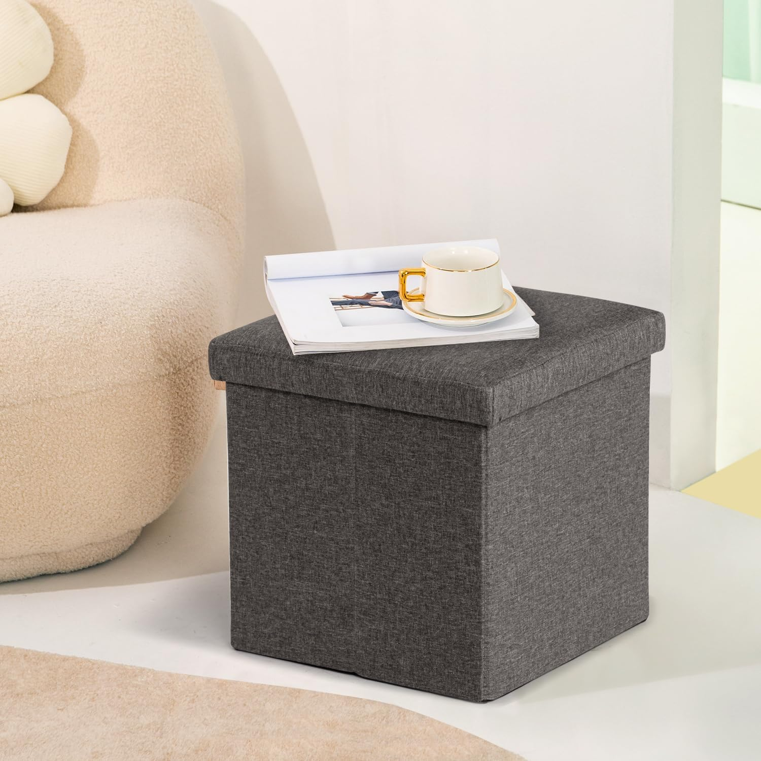 FurnitureR Otomana de Almacenamiento, Cubo Otomana Plegable Pequeña Taburete Reposapiés para Sala de Estar Dormitorio, Otomana de Almacenamiento Acolchada, 38 cm, Gris