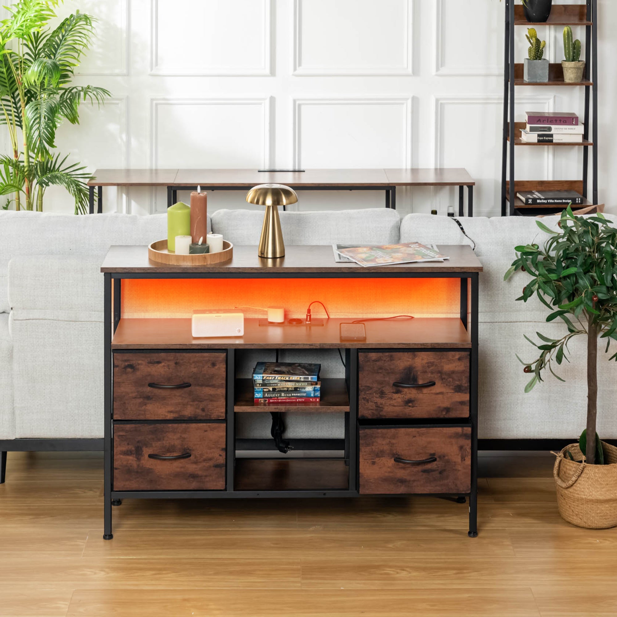 Console Tables with USB and Charging Station, 43.31 Inch Entryway Table with 4 Fabric Drawers, Sofa Table Narrow with Storage Shelves Brown