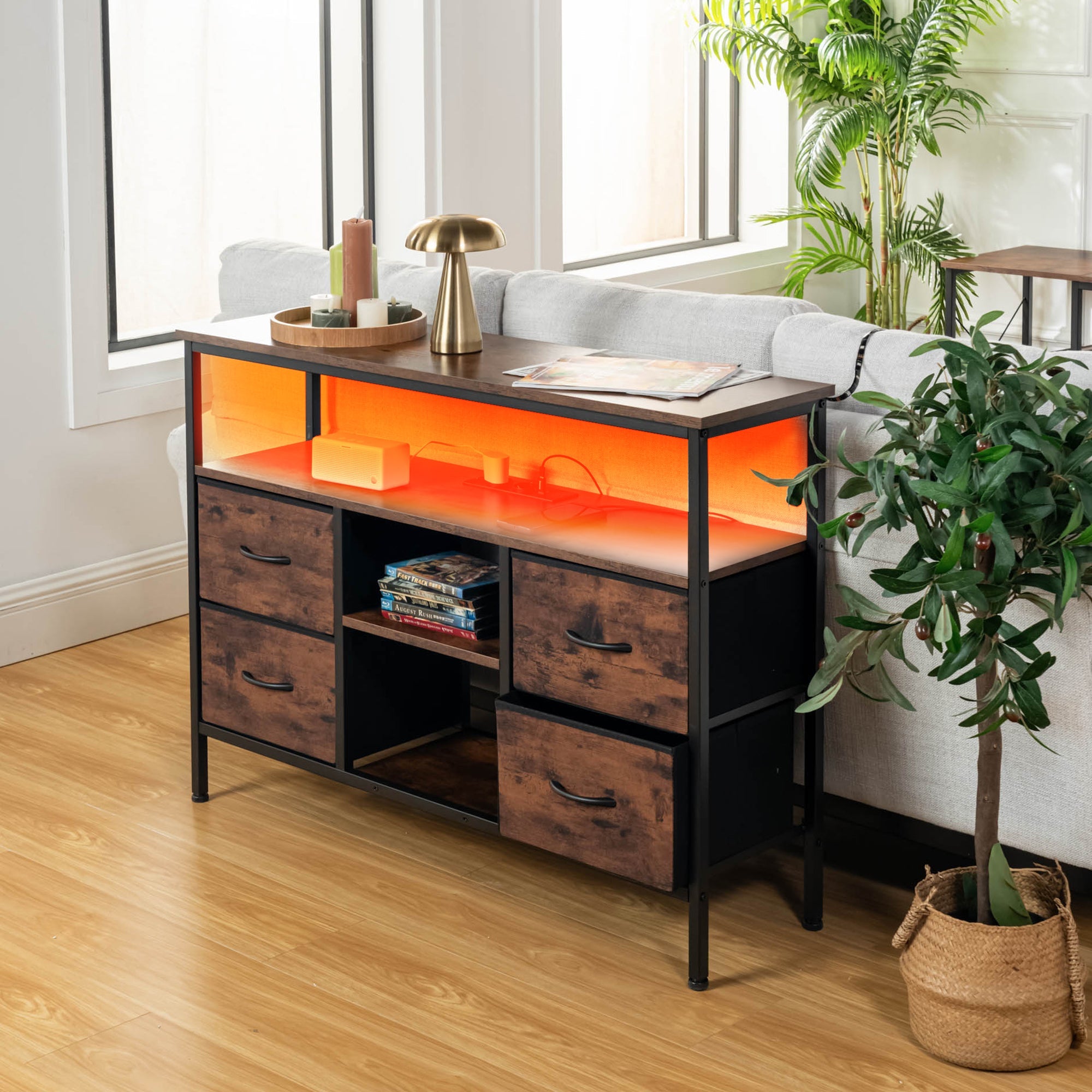 Console Tables with USB and Charging Station, 43.31 Inch Entryway Table with 4 Fabric Drawers, Sofa Table Narrow with Storage Shelves Brown