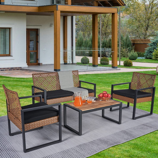 FurnitureR 4-Piece Outdoor Patio Furniture Set, Acacia Wood & PE Rattan, Modern Black & Light Brown, Balcony/Garden/Lawn/Porch, Removable Cushions