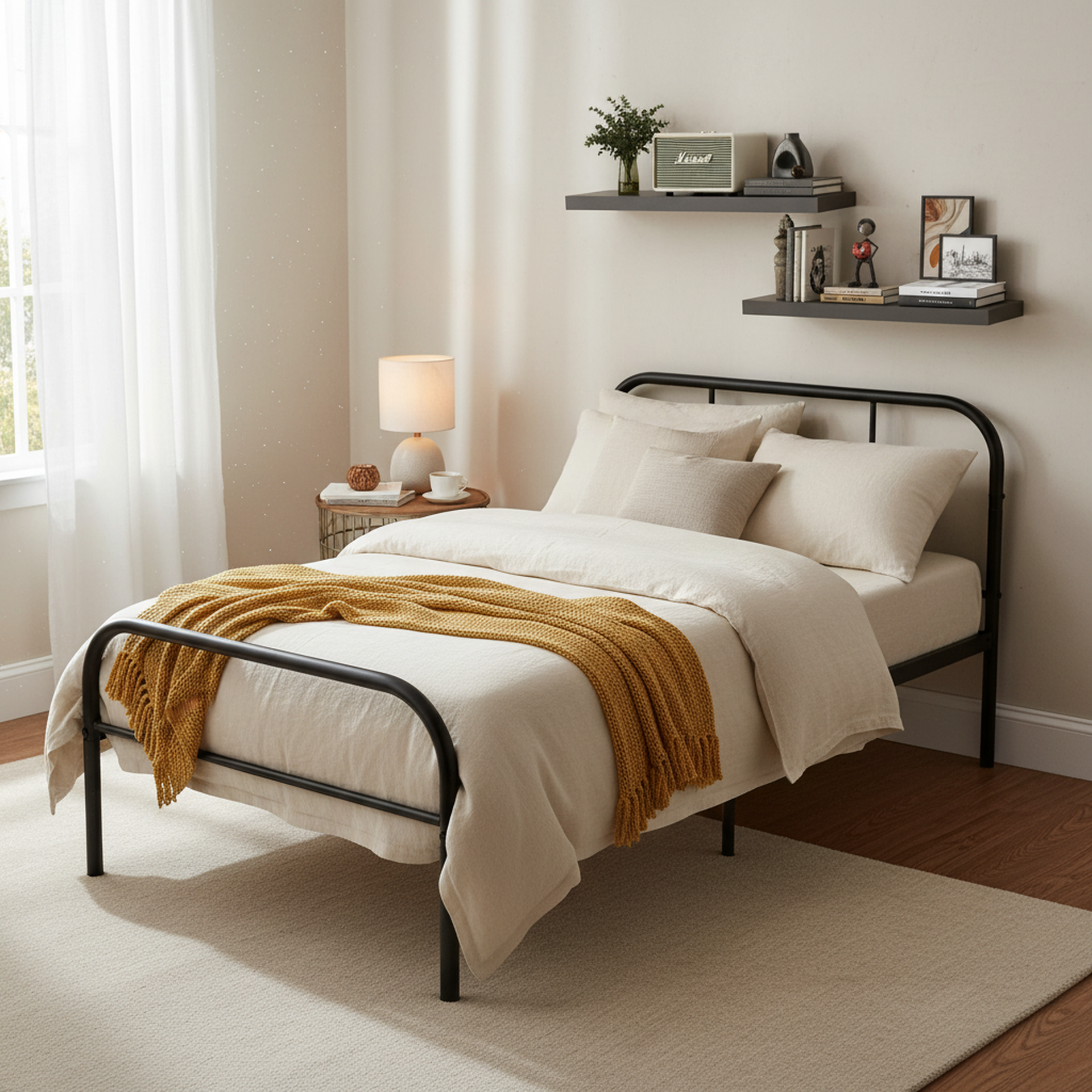 Estructura de cama individual de metal FurnitureR con 2 mesitas de noche flotantes, plataforma de cama de acero resistente con almacenamiento debajo de la cama, juego de dormitorio minimalista