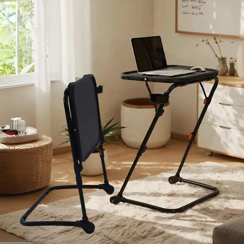 FurnitureR Adjustable Folding TV Tray  Foldable Laptop Table Dinner Trays Snack Table with Cup Holder£¬ 4 Height & 3 Tilt Angle, Set of 2, Black
