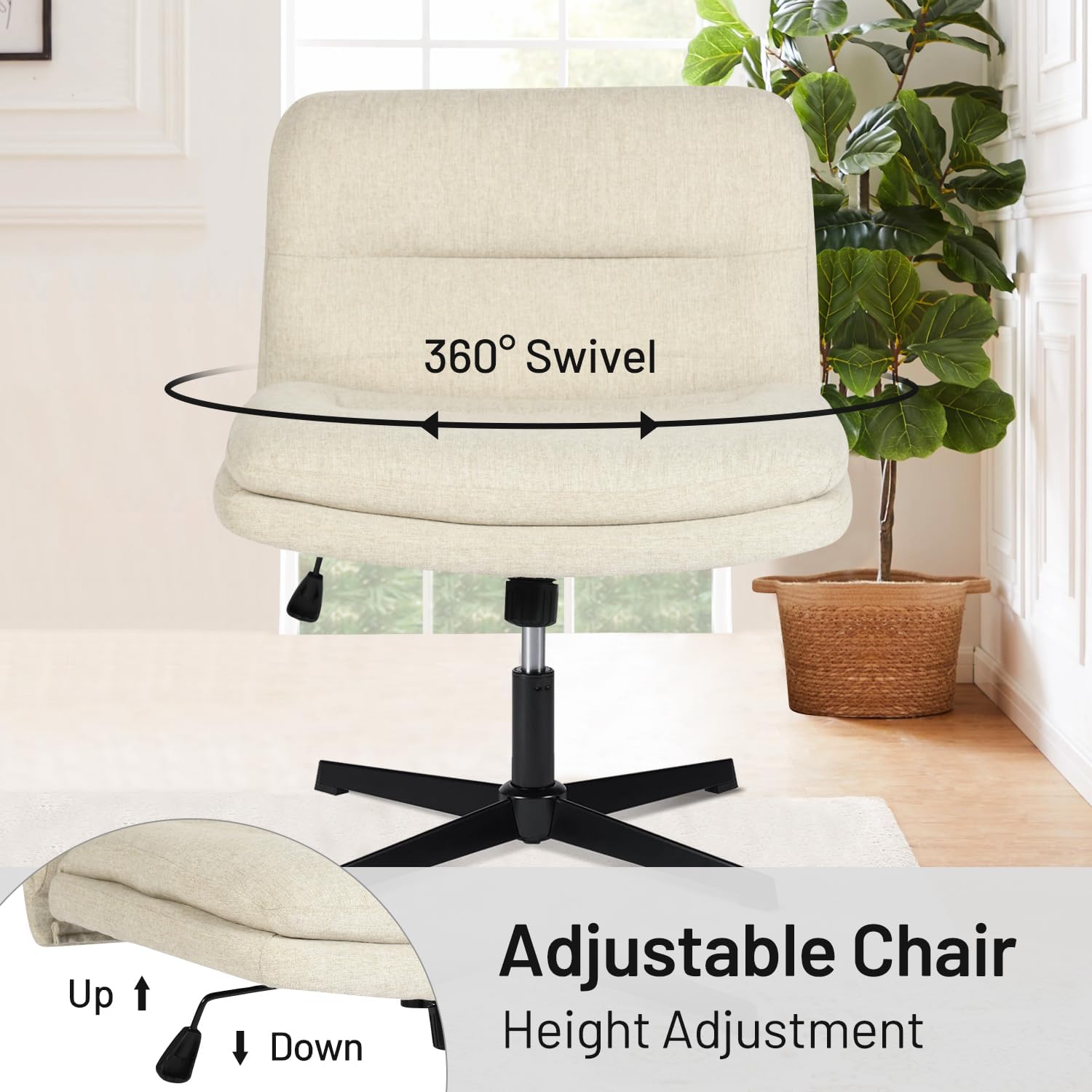 FurnitureR Armless Home Office Desk Chair Without Wheels - Adjustable Swivel Criss Cross Chair, fabric Mid-Back for Bedroom, Vanity, Study,  Beige