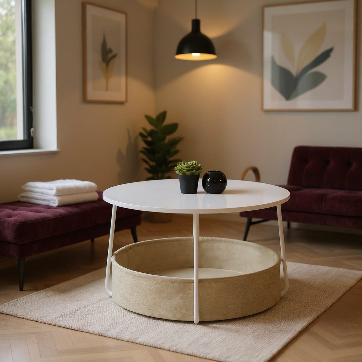 FurnitureR 29.5"Round Coffee Table with Storage Basket, 2-Tier Center Table for Living Room, Compact Design for Small Spaces