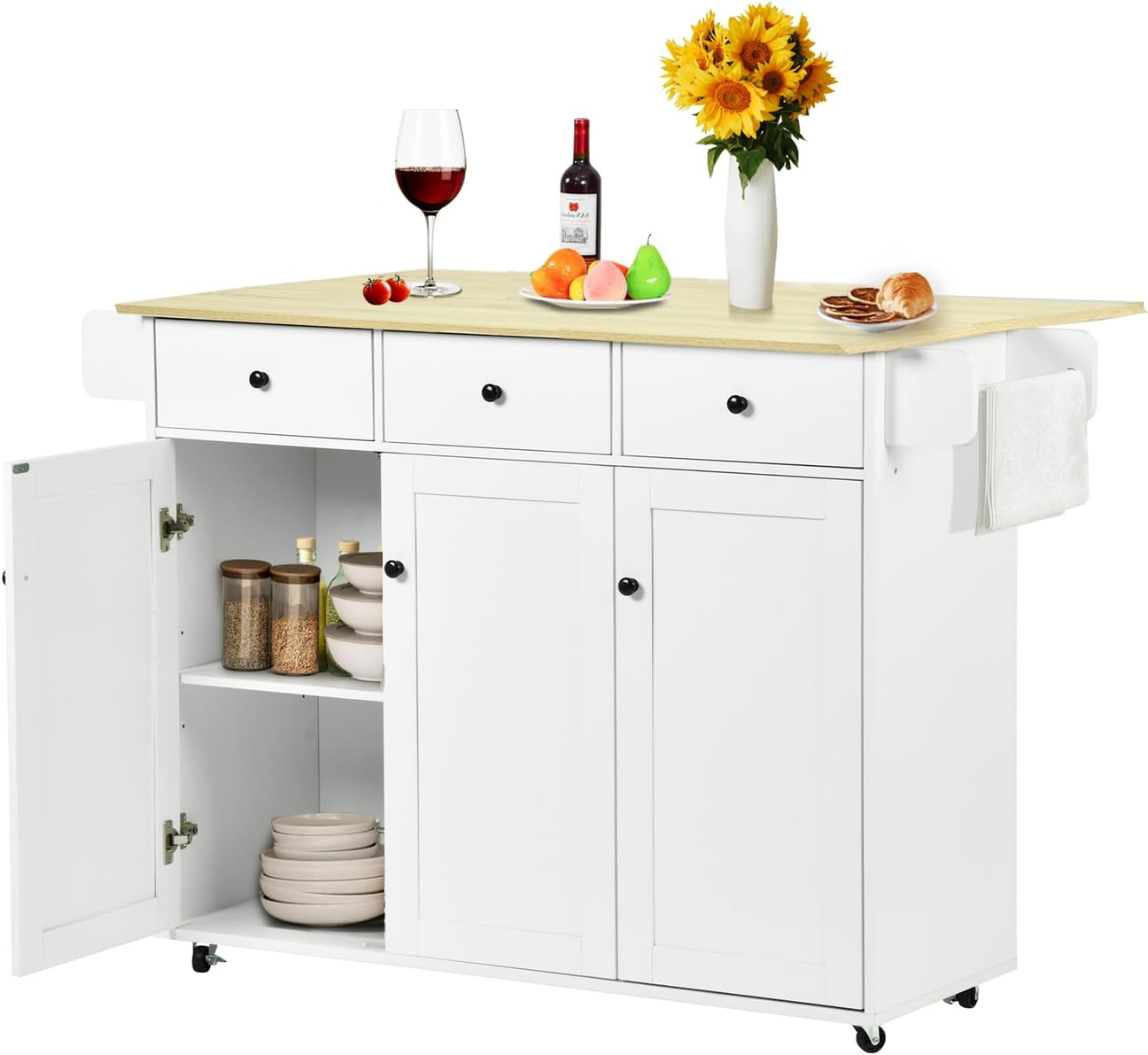 FurnitureR Mobile Kitchen Island Cart with Folding Drop Leaf, 45.3" Wide Kitchen Storage Cabinet on Wheels, Rolling Space-Saving Prep Table, White