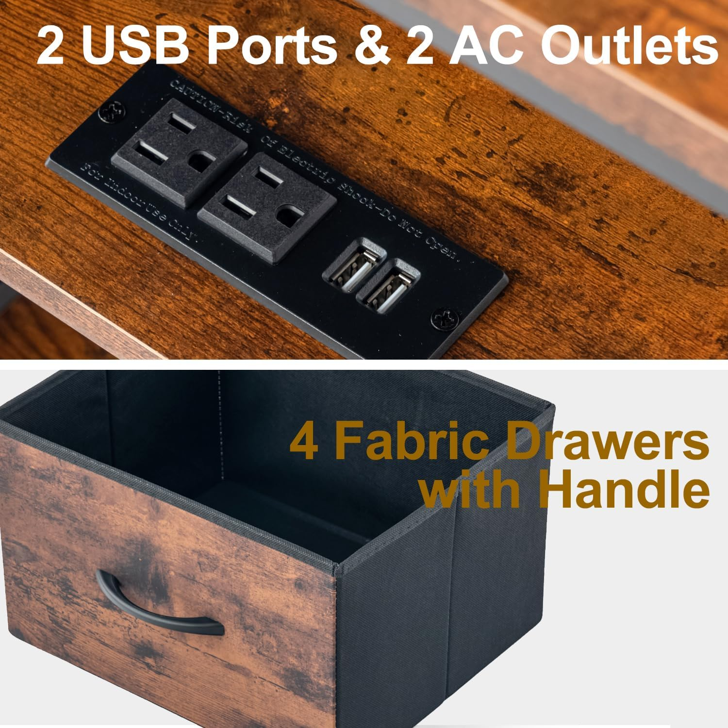 Console Tables with USB and Charging Station, 43.31 Inch Entryway Table with 4 Fabric Drawers, Sofa Table Narrow with Storage Shelves Brown