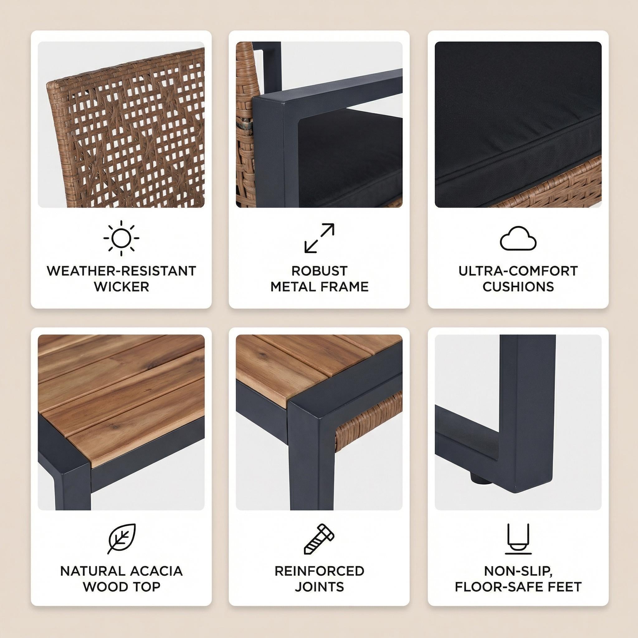 FurnitureR 4-Piece Outdoor Patio Furniture Set, Acacia Wood & PE Rattan, Modern Black & Light Brown, Balcony/Garden/Lawn/Porch, Removable Cushions