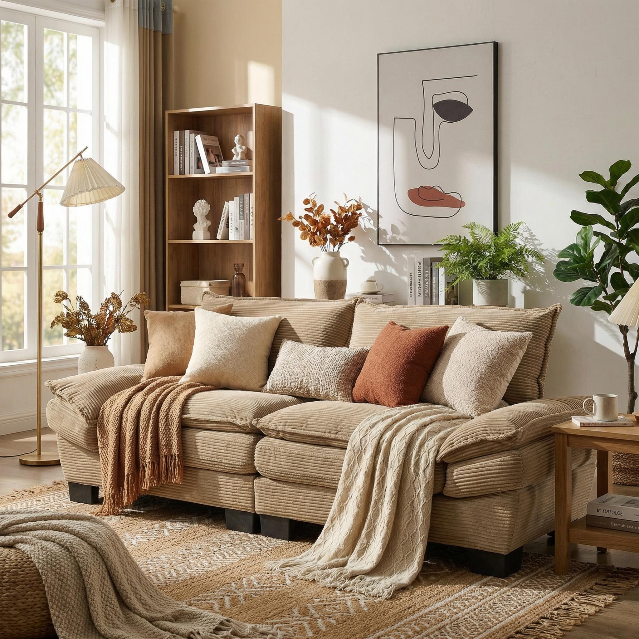 FurnitureR Corduroy Sofa Sleeper Couch Loveseat – Khaki, Deep Seat, Upholstered, Includes Pillows, 2-Seater for Living Room, Bedroom, Apartment, Office