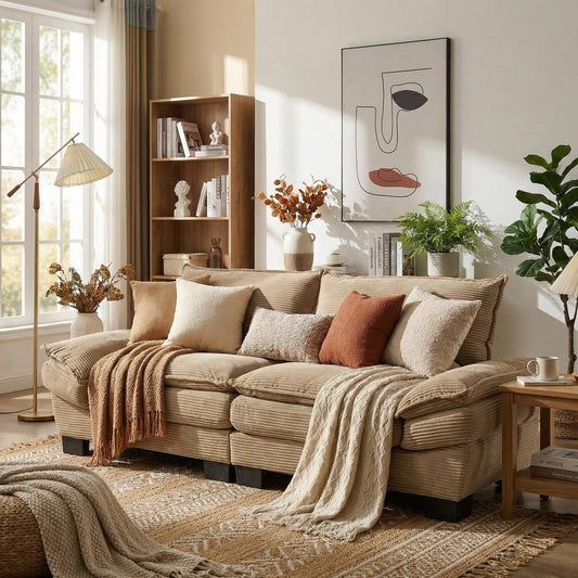 FurnitureR Corduroy Sofa Sleeper Couch Loveseat – Khaki, Deep Seat, Upholstered, Includes Pillows, 2-Seater for Living Room, Bedroom, Apartment, Office