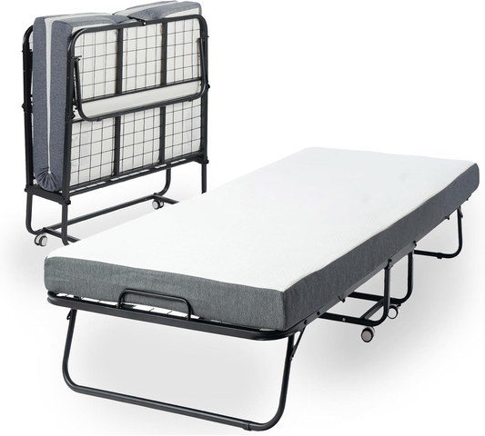 FurnitureR Folding Bed with 5-Inch Memory Foam Mattress ¨C 75"x30" Narrow Twin Rollaway Bed Frame with Wheels, Fold Up, Sturdy Metal Construction