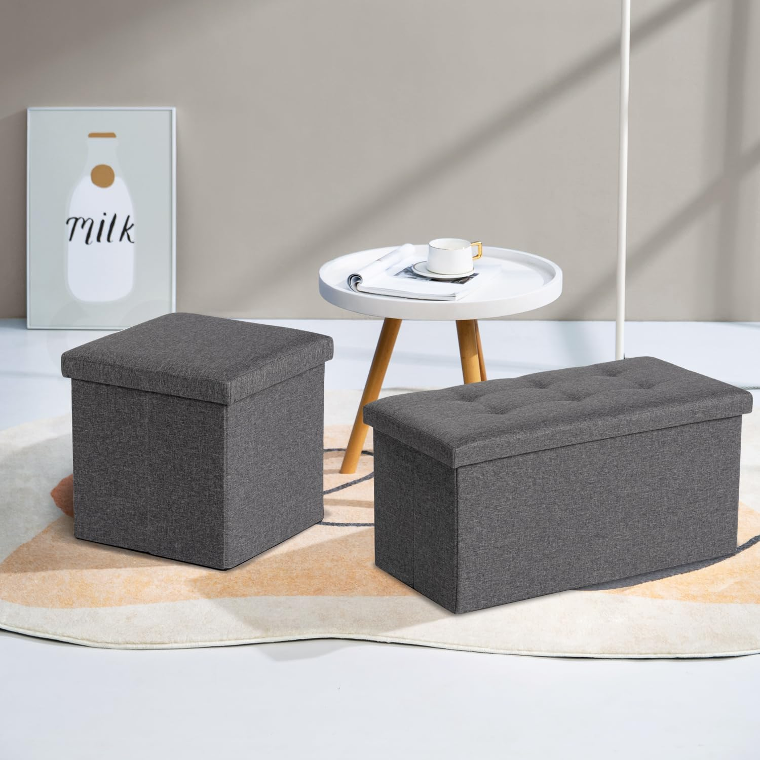 FurnitureR Otomana de Almacenamiento, Cubo Otomana Plegable Pequeña Taburete Reposapiés para Sala de Estar Dormitorio, Otomana de Almacenamiento Acolchada, 38 cm, Gris