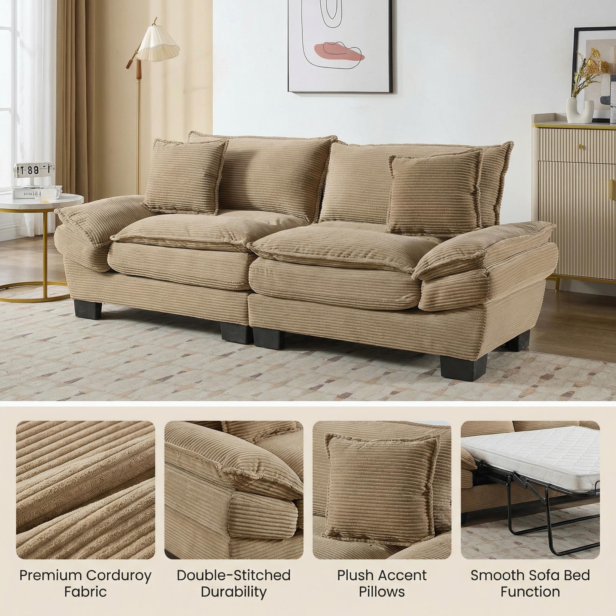 FurnitureR Corduroy Sofa Sleeper Couch Loveseat – Khaki, Deep Seat, Upholstered, Includes Pillows, 2-Seater for Living Room, Bedroom, Apartment, Office