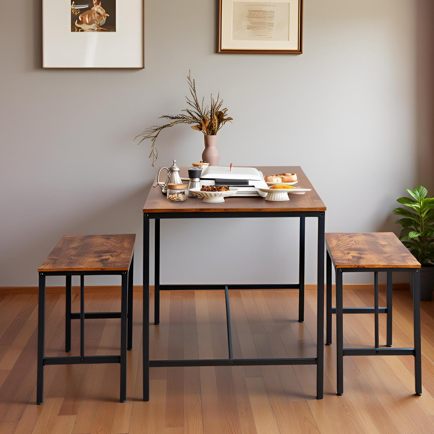 FurnitureR 3-Piece Dining Table Set with 2 Benches, Space-Saving Kitchen & Dining Room Set for Home or Restaurant, Metal Frame and MDF Top,  Brown