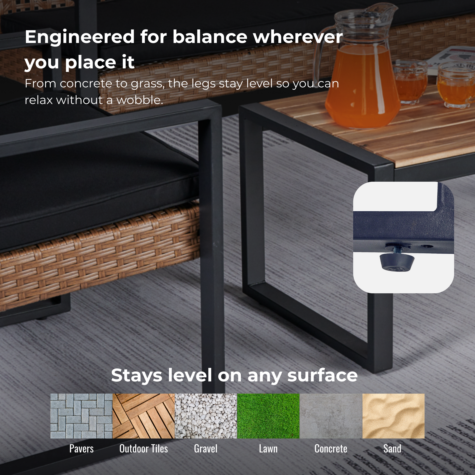 FurnitureR 4-Piece Outdoor Patio Furniture Set, Acacia Wood & PE Rattan, Modern Black & Light Brown, Balcony/Garden/Lawn/Porch, Removable Cushions