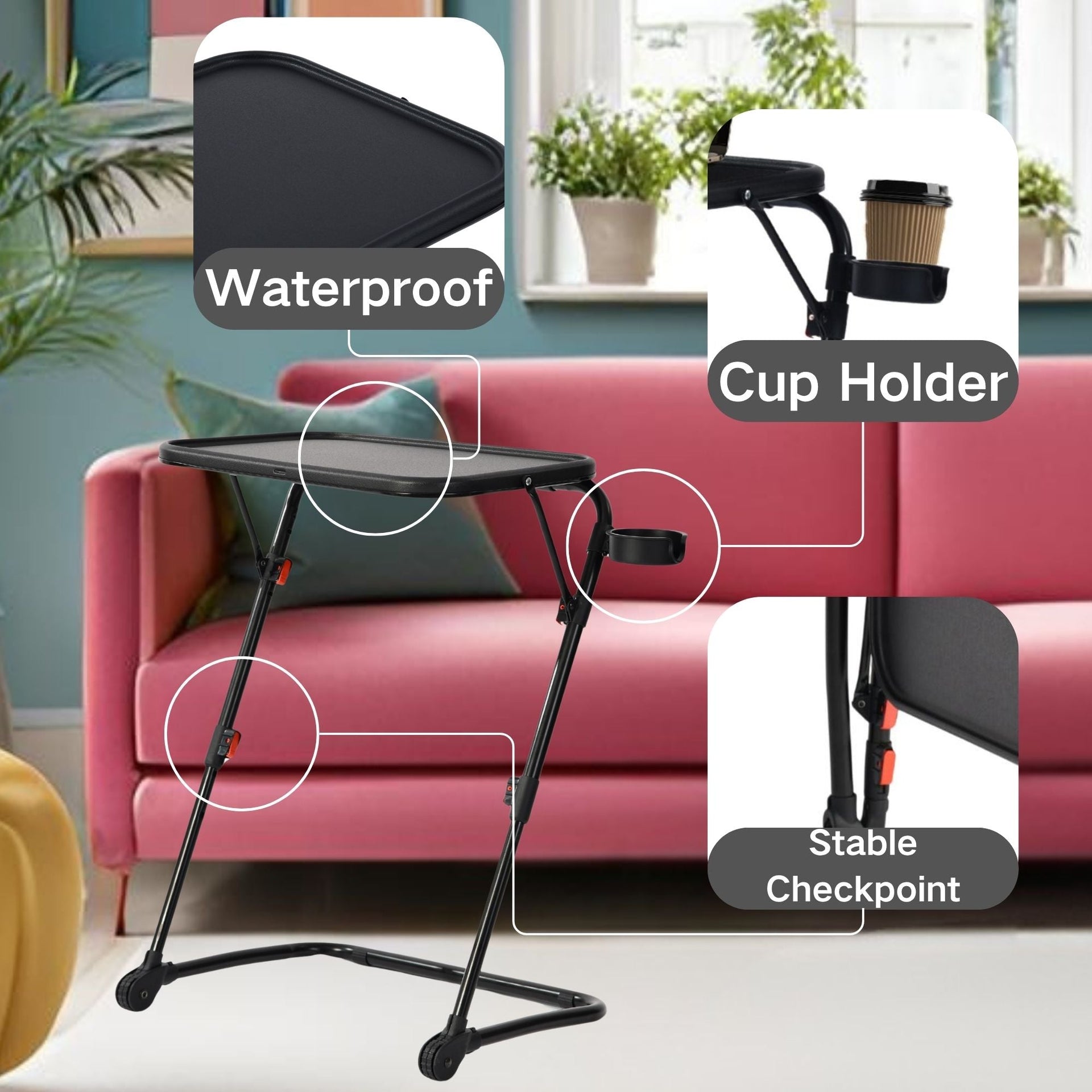 FurnitureR Adjustable Folding TV Tray with 4 Height & 3 Tilt Angle, Foldable Dinner Trays Laptop Snack Table with Cup Holder for Bed & Sofa, Set of 3, Black