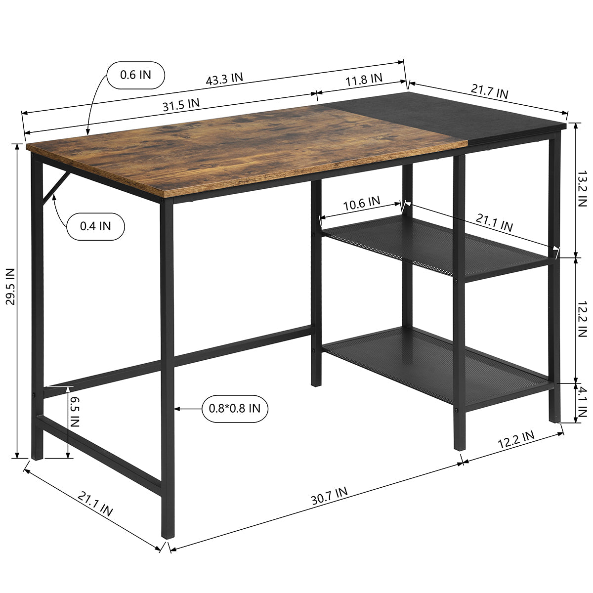 FurnitureR 43.3" Computer Desk with Storage Shelves, Industrial Gaming Desk with  Metal Frame, Home Office Workstation with Side Shelves for PC/Laptop