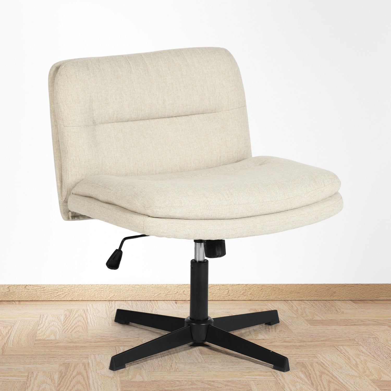 FurnitureR Armless Home Office Desk Chair Without Wheels - Adjustable Swivel Criss Cross Chair, fabric Mid-Back for Bedroom, Vanity, Study,  Beige