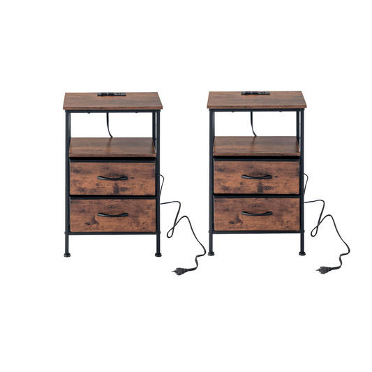 FurnitureR Set of 2 Nightstands with Charging Station, Industrial Wood-Style Bedside Tables with 2 Drawers and Open Shelf, Metal Frame End Tables for Bedroom Living Room