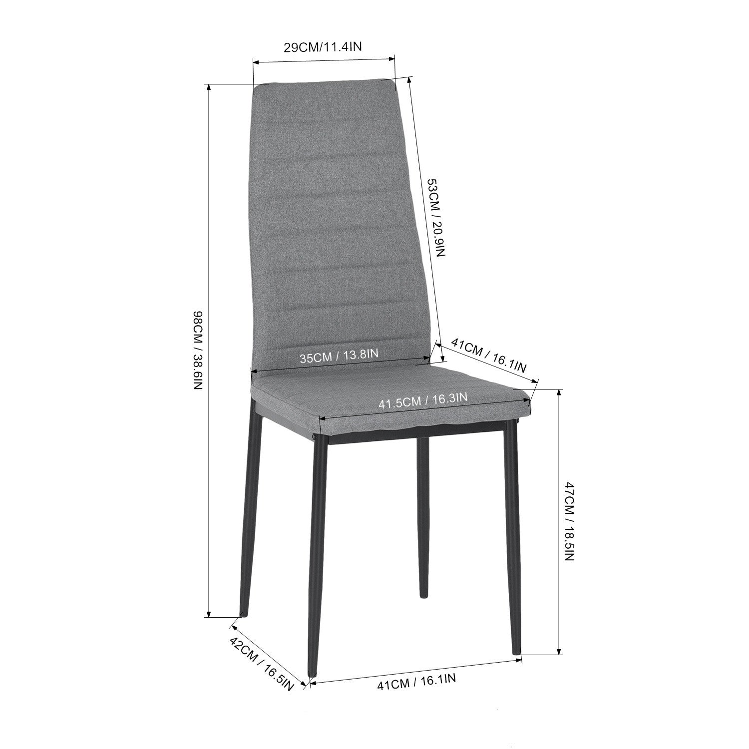 FurnitureR Dining Chairs Set of 4, Fabric Upholstered Padded Ergonomic High Back Chair Armless for Home Kitchen Dining Room, Space-Saving, Grey