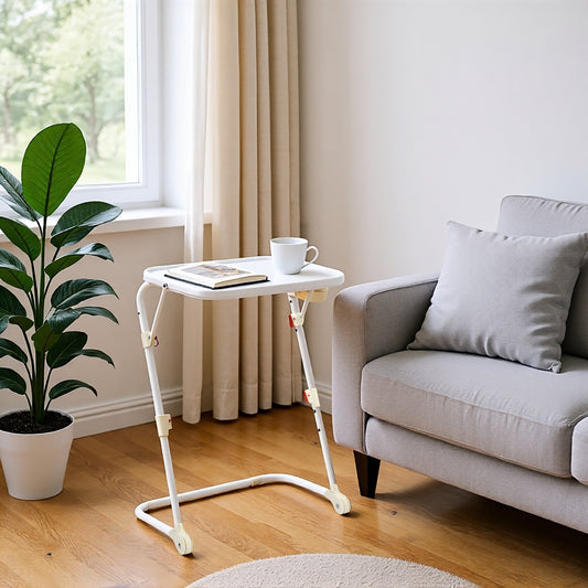 FurnitureR Folding Side Table, Multi - functional Collapsible Table with Adjustable Design, Space - Saving for Living Room, White