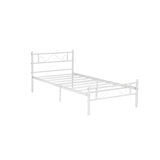 FurnitureR Twin Size Metal Bed Frame with Headboard & Footboard, Platform Bed with Under Bed Storage, Noise-Free,  White