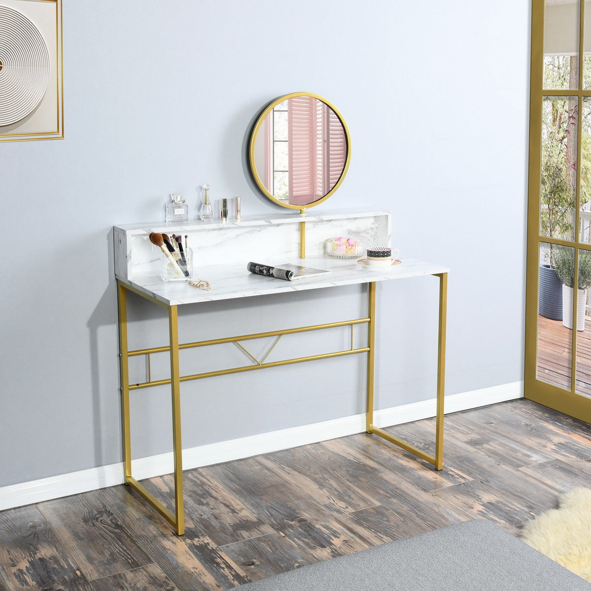 FurnitureR Marble Top Vanity Desk with Round Mirror, Gold Metal Frame