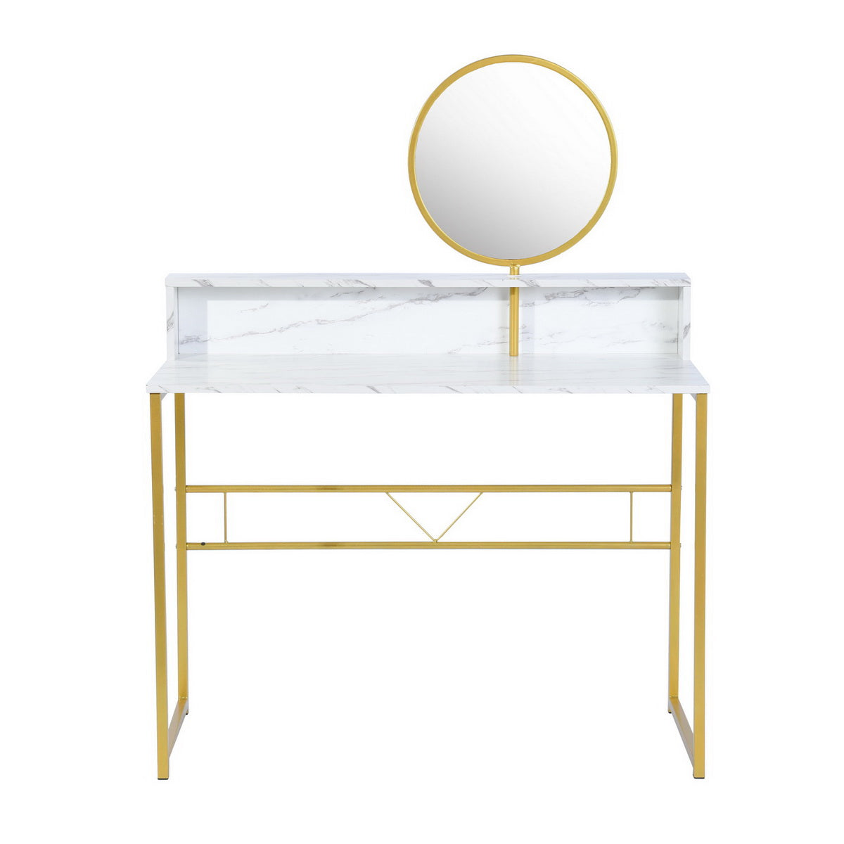 FurnitureR Marble Top Vanity Desk with Round Mirror, Gold Metal Frame FurnitureR Marble Top Vanity Desk with Round Mirror, Gold Metal Frame
