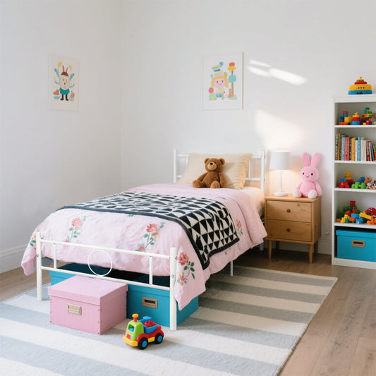 FurnitureR Twin Size Metal Bed Frame with Headboard and Footboard ¨C Under Foundation Storage, No Box Spring Needed, Easy Assembly, White