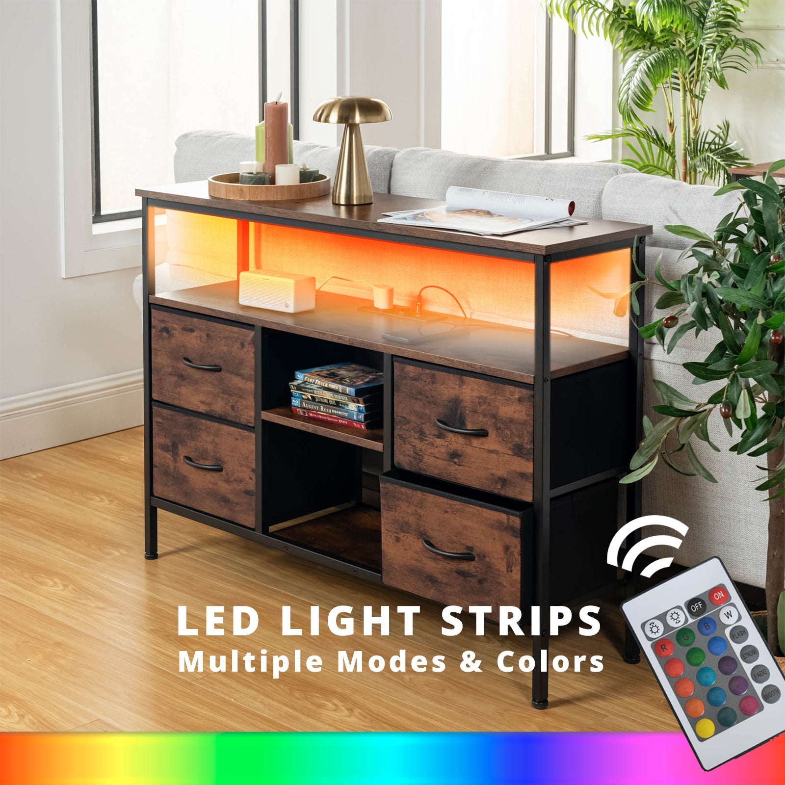 Console Tables with USB and Charging Station, 43.31 Inch Entryway Table with 4 Fabric Drawers, Sofa Table Narrow with Storage Shelves Brown