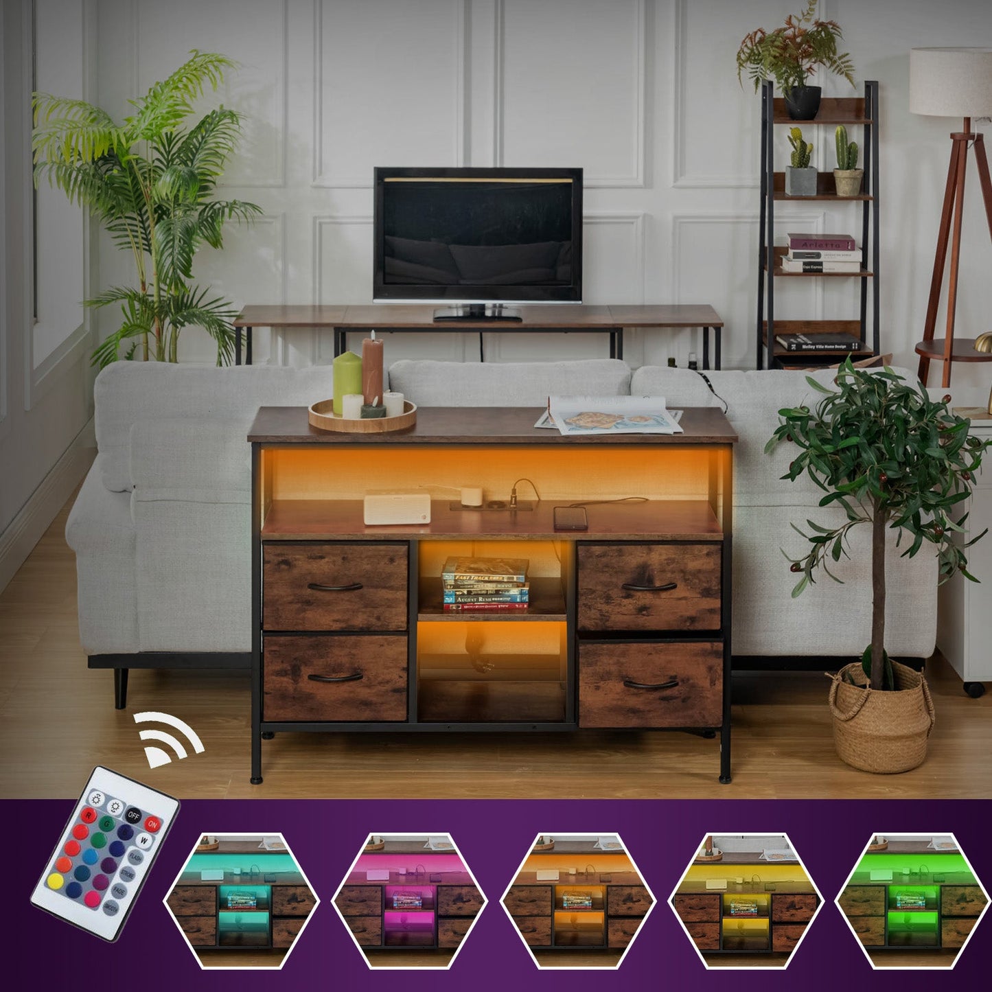 Console Tables with USB and Charging Station, 43.31 Inch Entryway Table with 4 Fabric Drawers, Sofa Table Narrow with Storage Shelves Brown